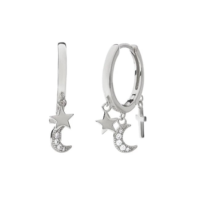 Sterling Silver Crystal Moon Star & Cross Drop Charm Earrings | Nin Boutique