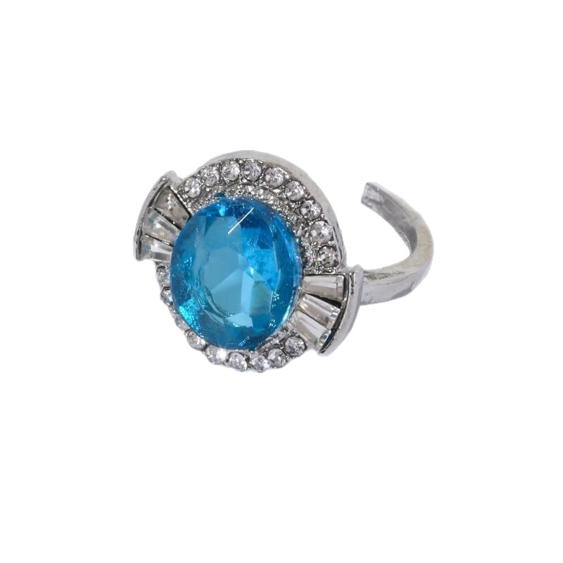 Women's adjustable metal cocktail ring with faceted center crystal halo and baguette accents Nin Boutique