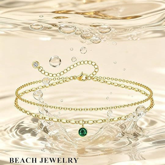 Ladies ankle bracelet with sparkling zirconia pendant and delicate double strand design Nin Boutique