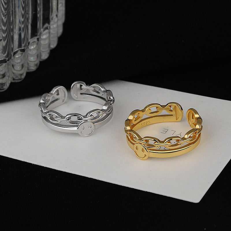Women Open Ring with innovative Salmon Smiley design and curved chain detail Nin Boutique