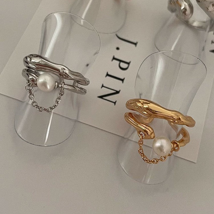 Women Open Ring with Artistic Wave Design and Elegant Pearl Pendant Nin Boutique