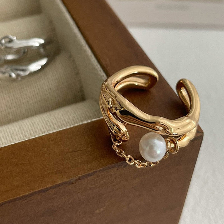 Women Open Ring with Artistic Wave Design and Elegant Pearl Pendant Nin Boutique