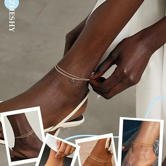 Ladies ankle bracelet with sparkling zirconia pendant and delicate double strand design Nin Boutique