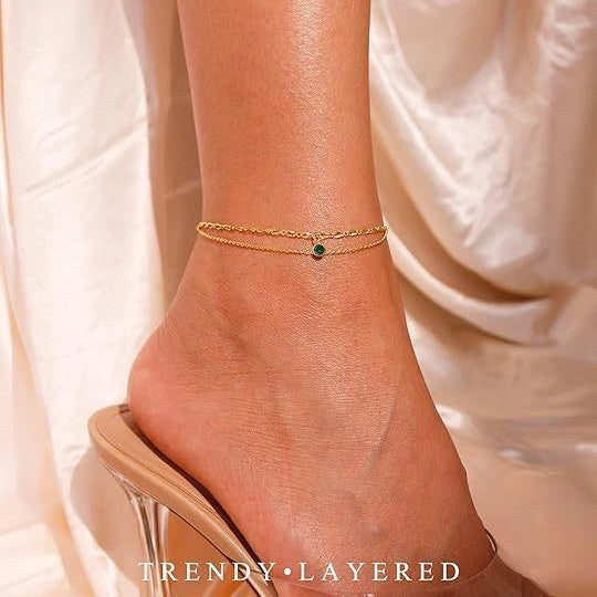 Ladies ankle bracelet with sparkling zirconia pendant and delicate double strand design Nin Boutique