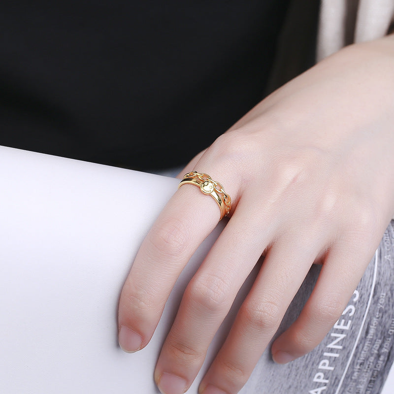 Women Open Ring with innovative Salmon Smiley design and curved chain detail Nin Boutique