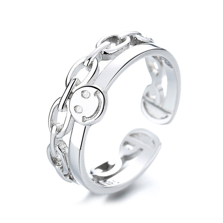 Women Open Ring with innovative Salmon Smiley design and curved chain detail Nin Boutique