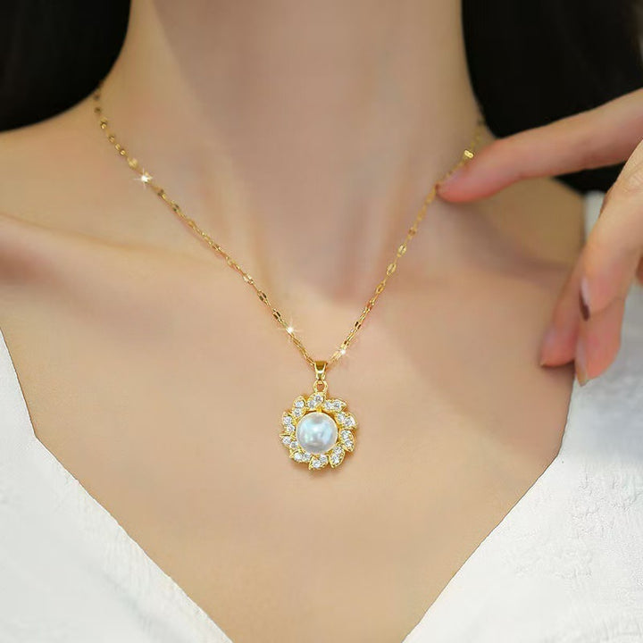 Women's luxury pearl halo cocktail ring with cubic zirconia petal accents and adjustable band Nin Boutique