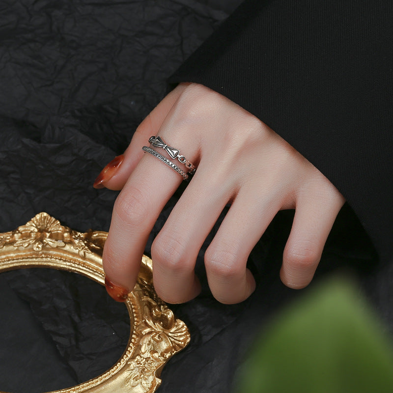Women Open Ring with Elegant Bow and Chain Design Nin Boutique
