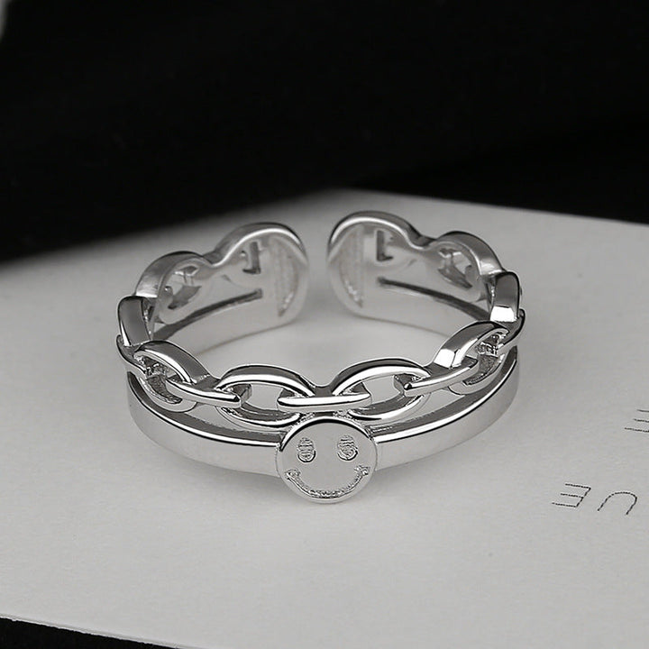 Women Open Ring with innovative Salmon Smiley design and curved chain detail Nin Boutique