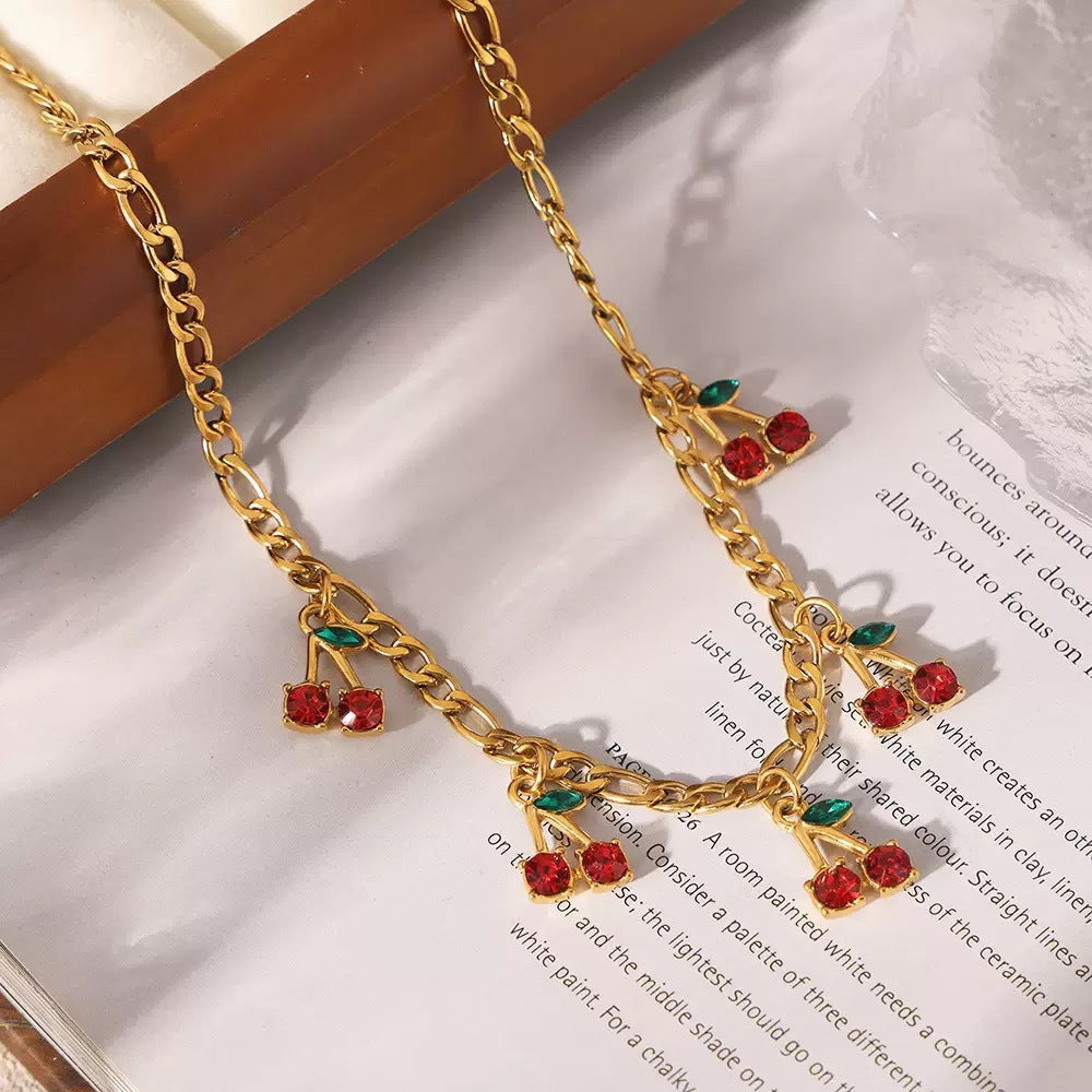 Women's ankle bracelet with sparkling cherry charms and robust link chain Nin Boutique