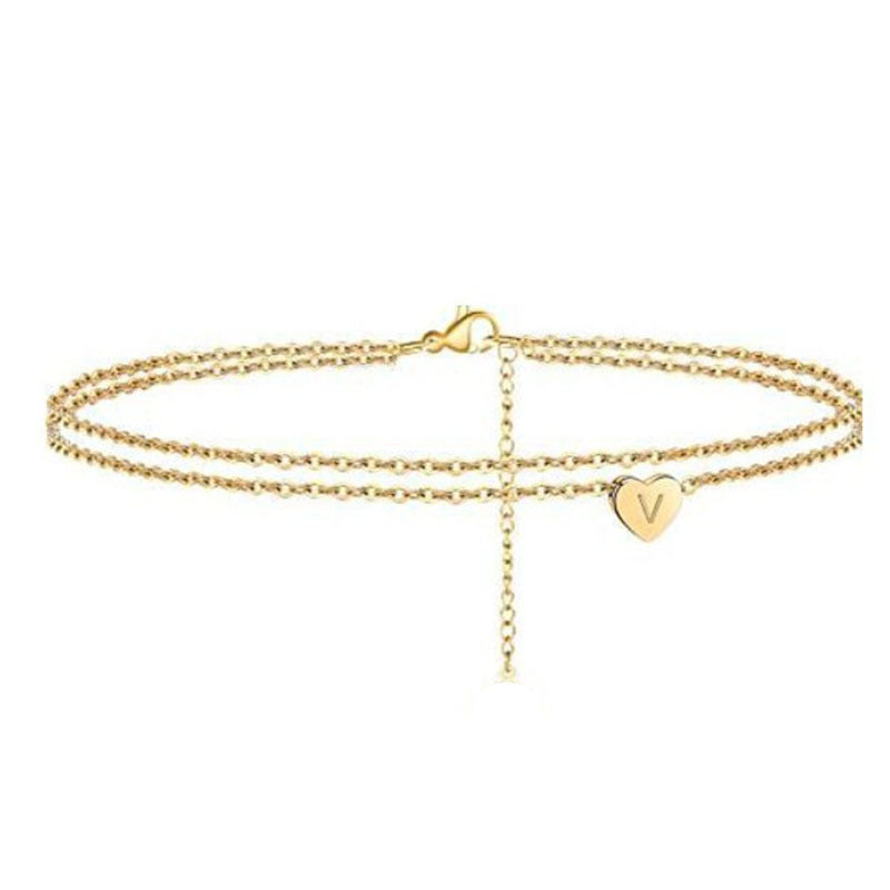 Women's ankle bracelet with initialed heart pendant and fine link chains Nin Boutique