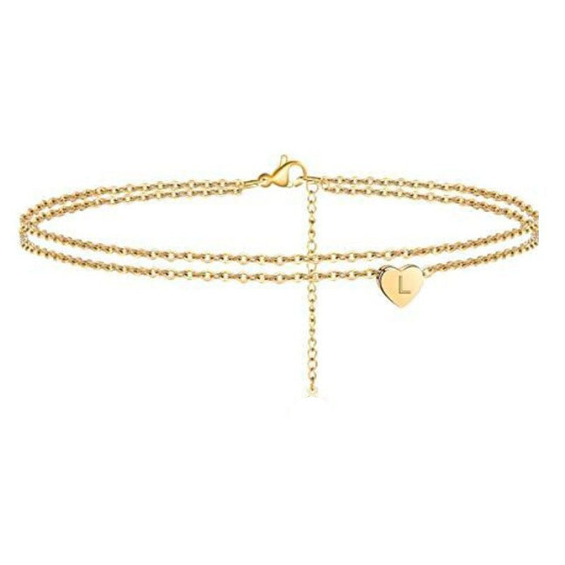Women's ankle bracelet with initialed heart pendant and fine link chains Nin Boutique