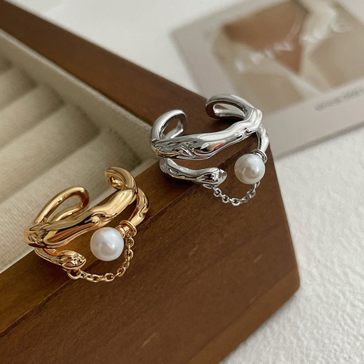 Women Open Ring with Artistic Wave Design and Elegant Pearl Pendant Nin Boutique